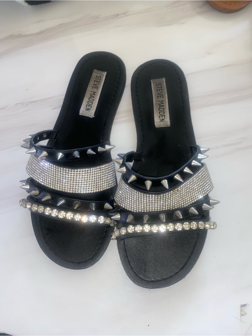 Steve Madden Black Slide Sandals with Silver Rhinestones & Spikes